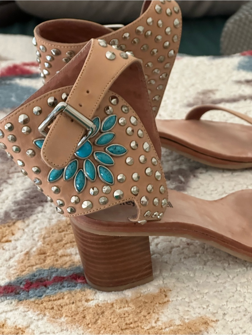 Studded Tan Block Heel Sandals with Turquoise Accent